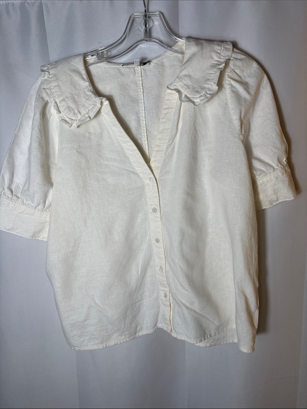 Madewell Cream Peter Pan Collar Linen Blend Ruffled-Collar Button-Up Top 6 - Picture 4 of 7